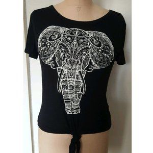 Moonchild Elephant black rhinestone tie front crochet lace back t shirt tee top